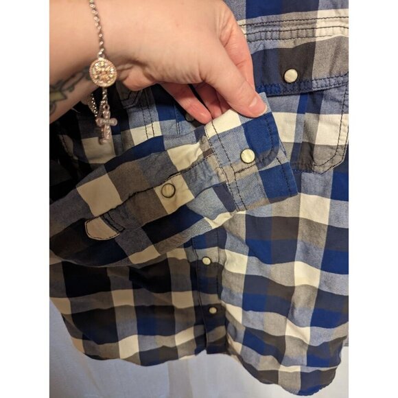 tommy hilfiger Boys Shacket Size Large (12-14) Blue Plaid Hooded Pearl Snaps - Picture 10 of 13